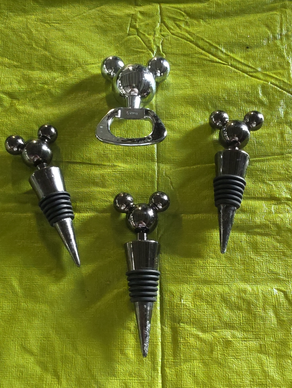 Novelty Mickey-Style Wine Stoppers & Bottle Opener - Silver Set